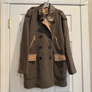 Escada Brown Tan Pea Coat Double-Breasted Wool size M RARE!